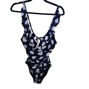 Ellen Tracy NWOT Navy Seashell Ruched Ruffled Tie Back One Piece Swimsuit Size 6